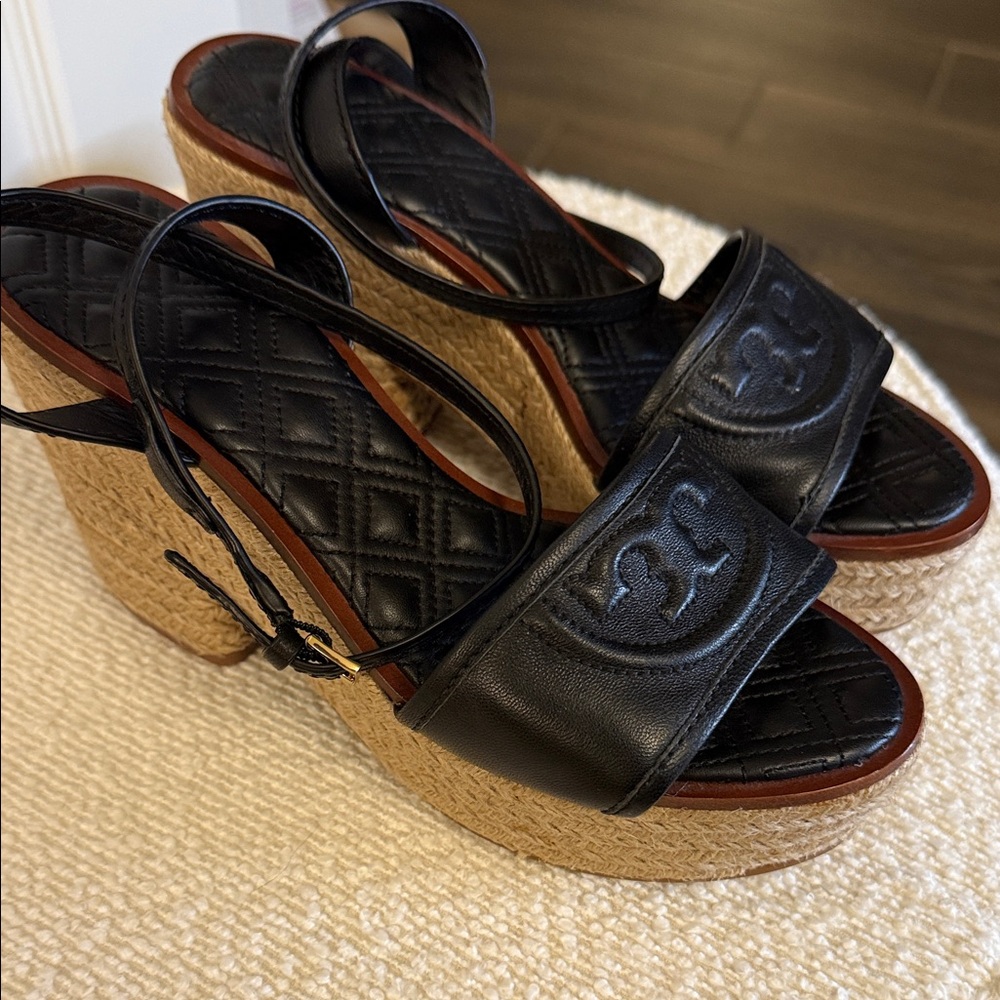 Tory Burch Black Leather Espadrille Wedge Sandals